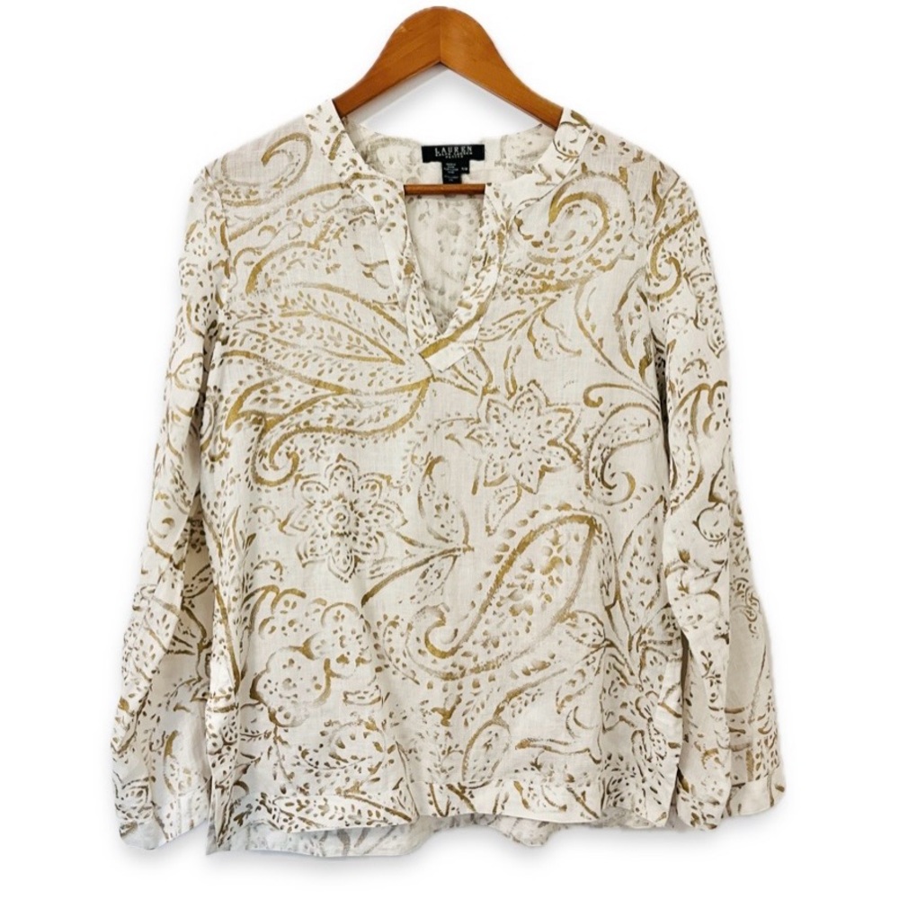 Lauren Ralph Lauren Linen Paisley Long Sleeve Blouse Gold White Sz Medium Petite